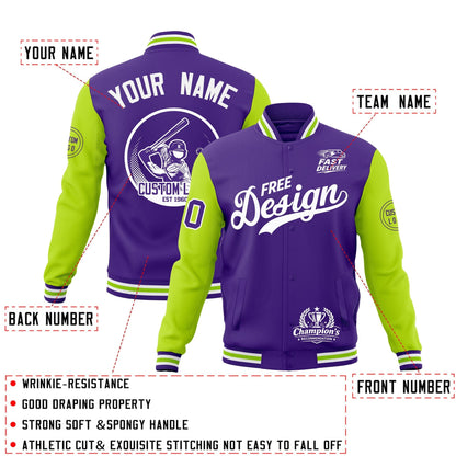 Custom Purple White Neon Green Jacket Classic Style Full-Snap Club & Spirit Wear Breathable