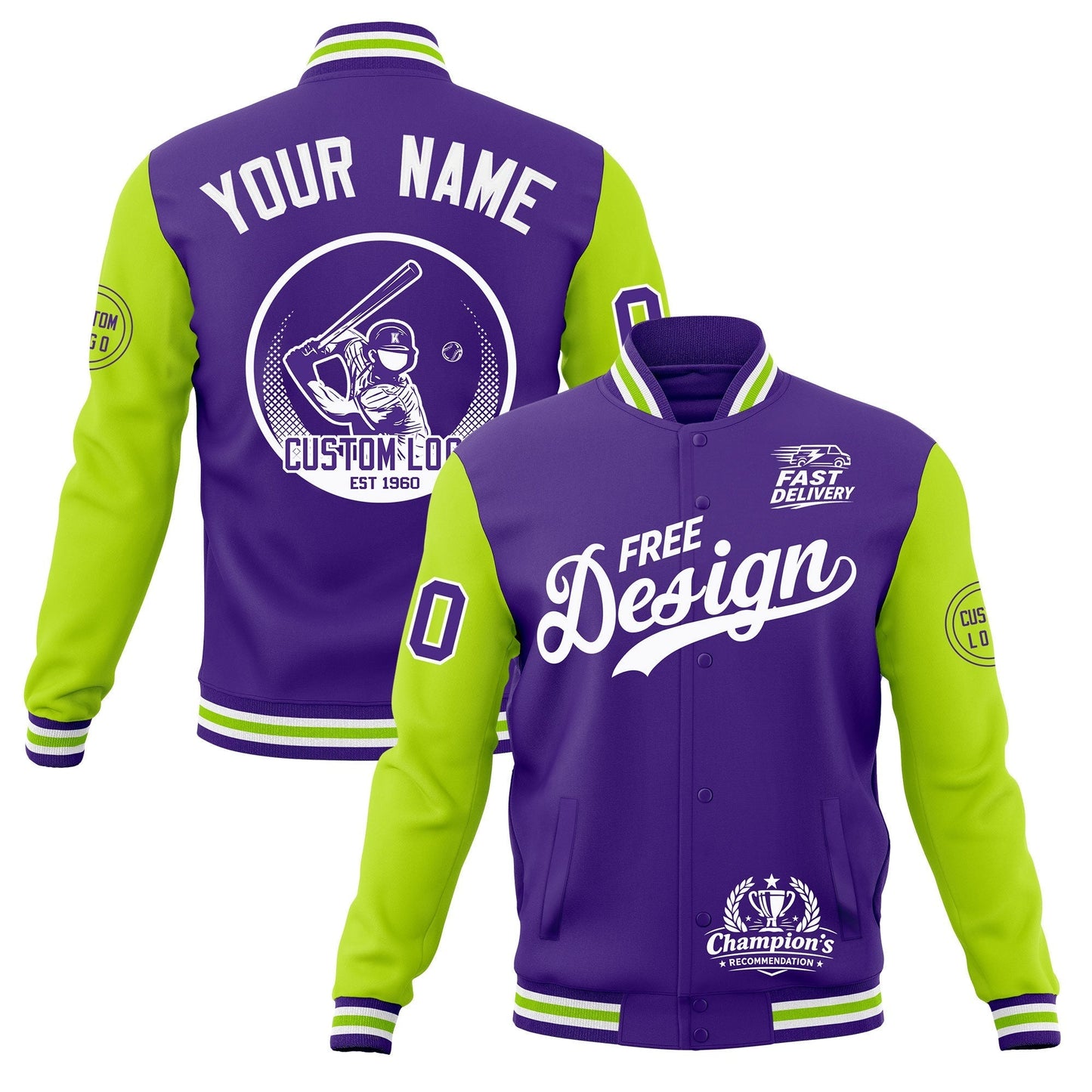Custom Purple White Neon Green Jacket Classic Style Full-Snap Club & Spirit Wear Breathable