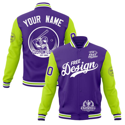 Custom Purple White Neon Green Jacket Classic Style Full-Snap Club & Spirit Wear Breathable