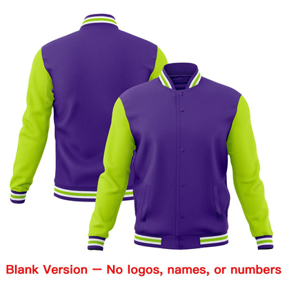 Custom Purple White Neon Green Jacket Classic Style Full-Snap Club & Spirit Wear Wrinkle-Resistant