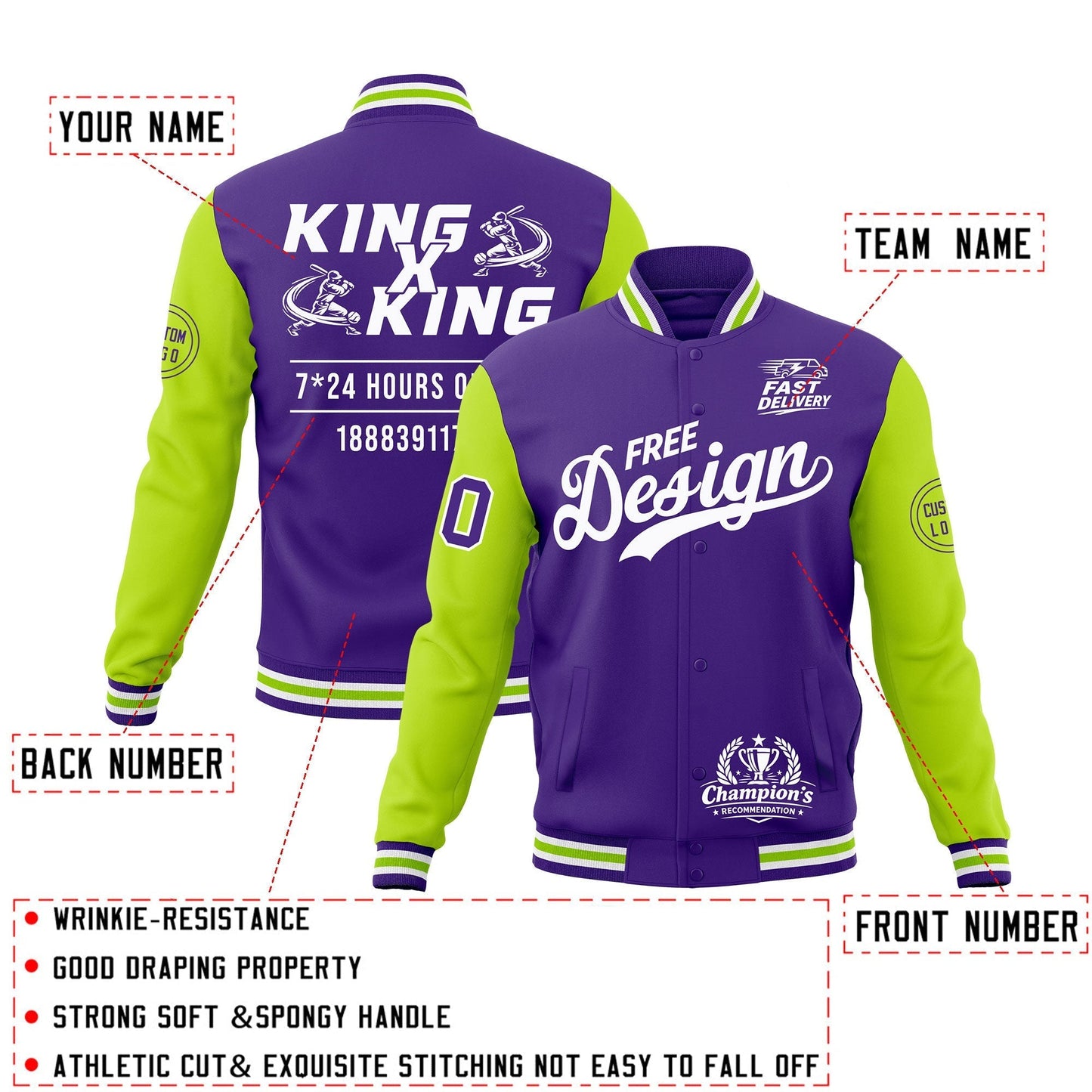 Custom Purple White Neon Green Jacket Classic Style Full-Snap Club & Spirit Wear Wrinkle-Resistant