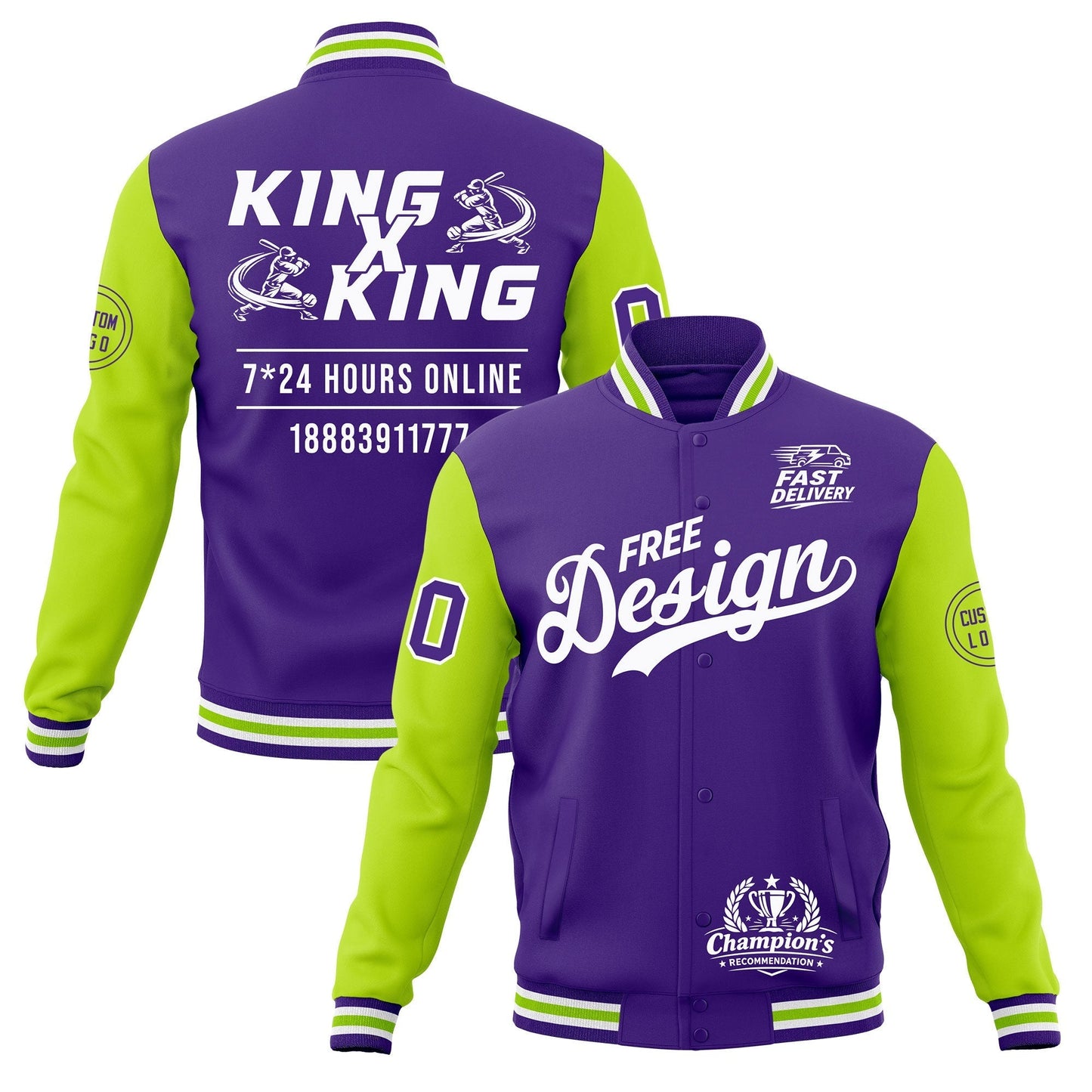 Custom Purple White Neon Green Jacket Classic Style Full-Snap Club & Spirit Wear Wrinkle-Resistant