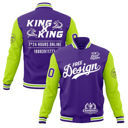 Custom Purple White Neon Green Jacket Classic Style Full-Snap Club & Spirit Wear Wrinkle-Resistant