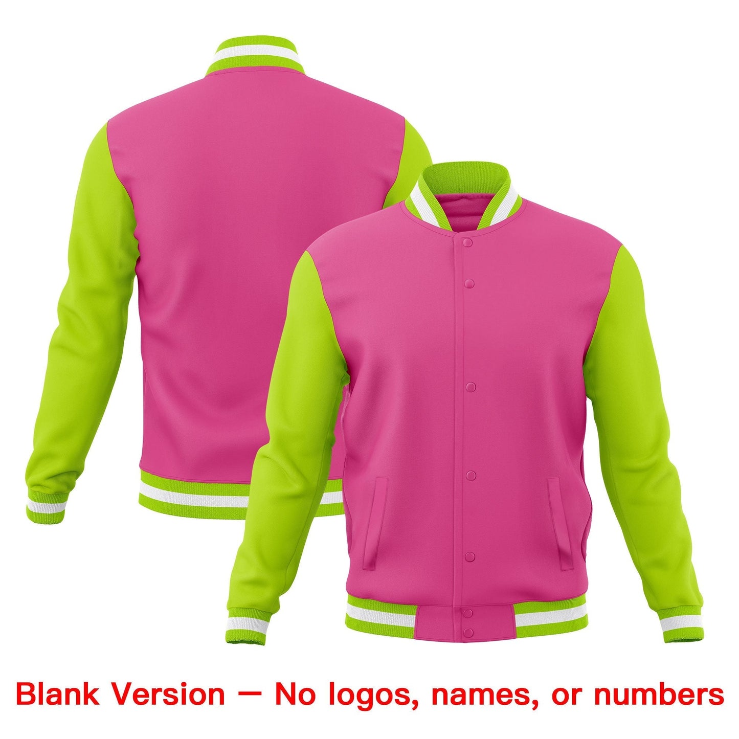Custom Pink Neon Green White Jacket Classic Style Full-Snap Club & Spirit Wear Breathable