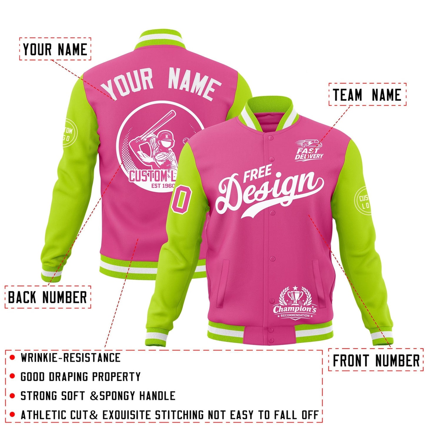 Custom Pink Neon Green White Jacket Classic Style Full-Snap Club & Spirit Wear Breathable