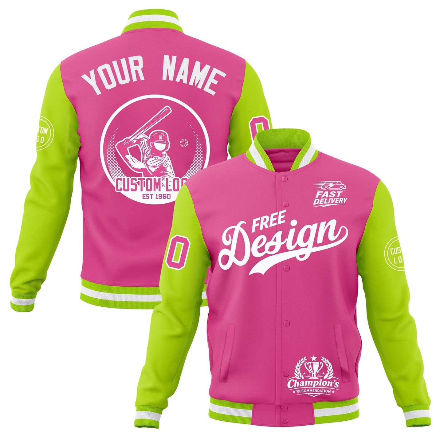 Custom Pink Neon Green White Jacket Classic Style Full-Snap Club & Spirit Wear Breathable