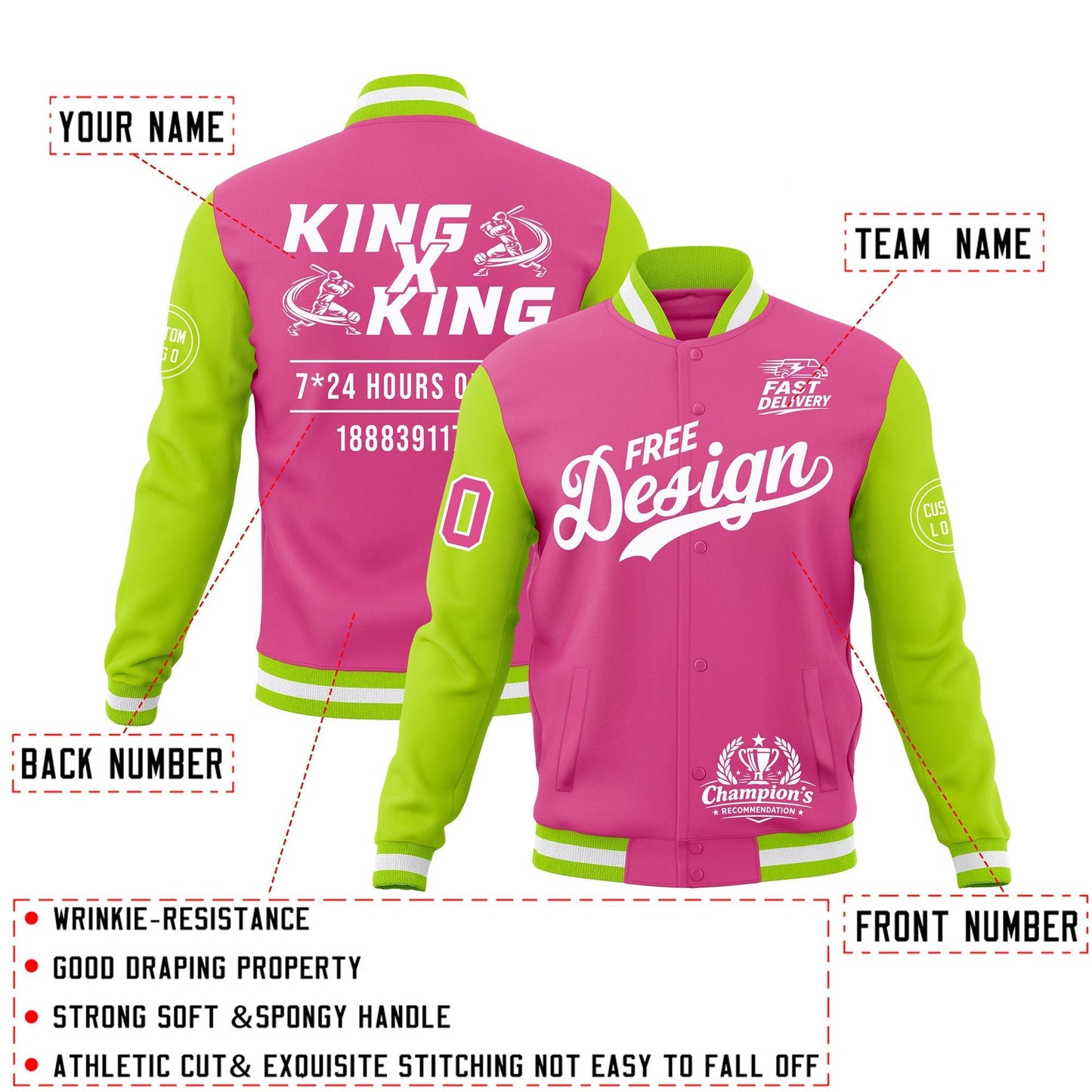 Custom Pink Neon Green White Jacket Classic Style Full-Snap Club & Spirit Wear Wrinkle-Resistant