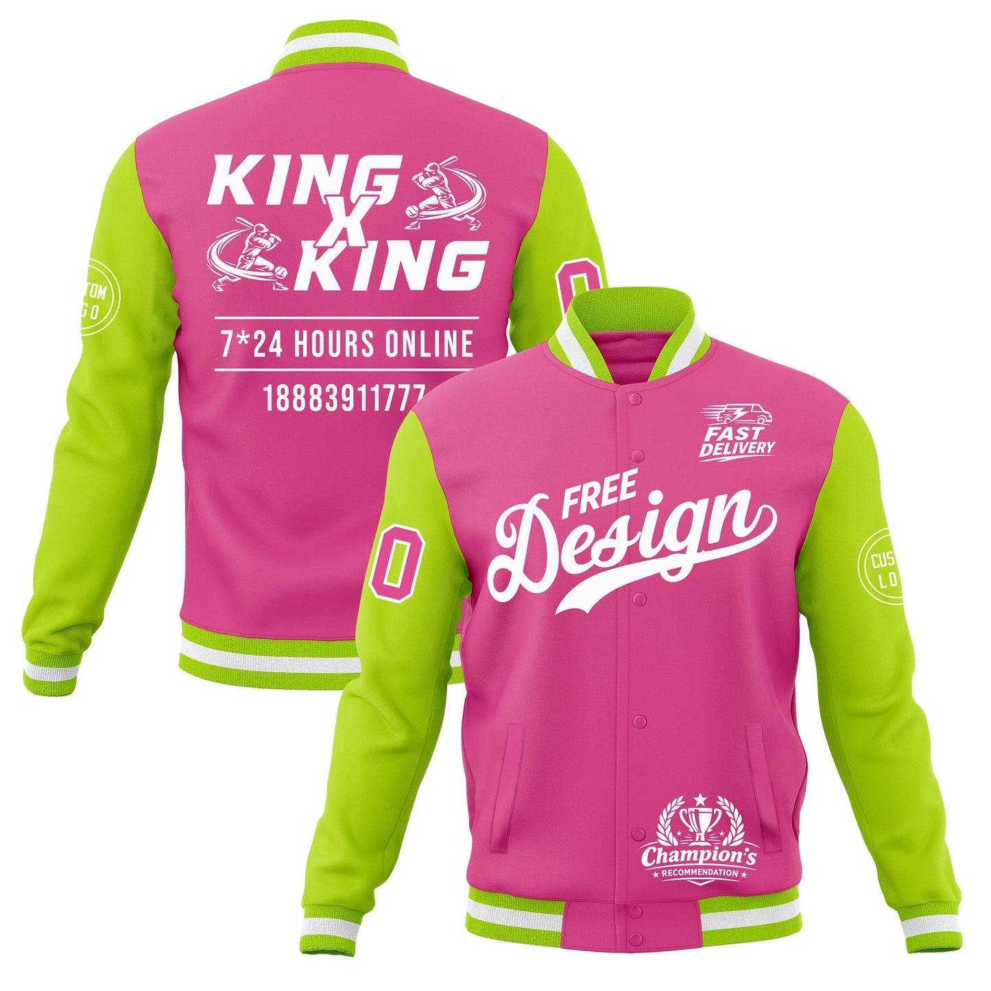 Custom Pink Neon Green White Jacket Classic Style Full-Snap Club & Spirit Wear Wrinkle-Resistant