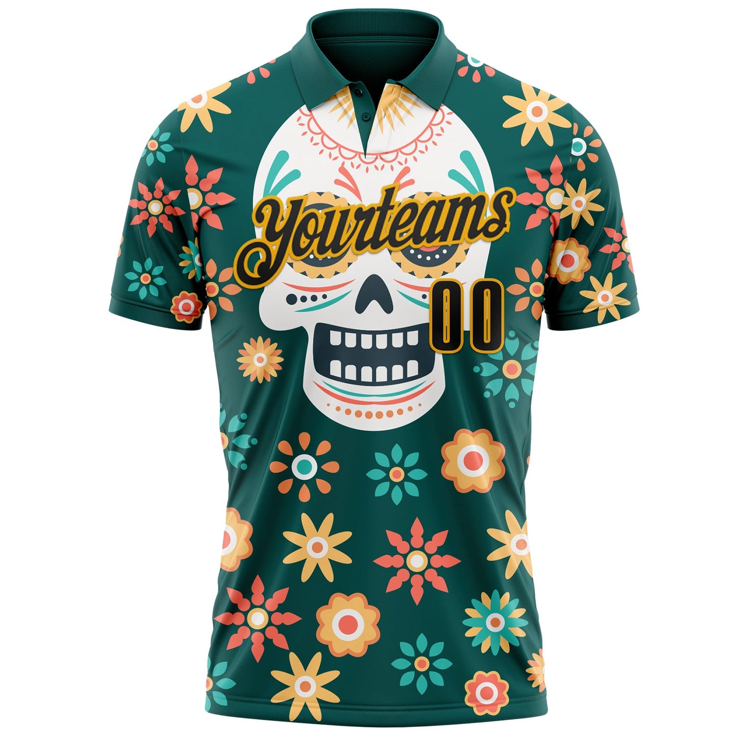 Custom Midnight Green Black-Gold Day of the Dead Mexican Sugar Skull Performance Polo Shirt