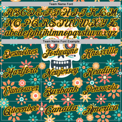 Custom Midnight Green Black-Gold Day of the Dead Mexican Sugar Skull Performance Polo Shirt