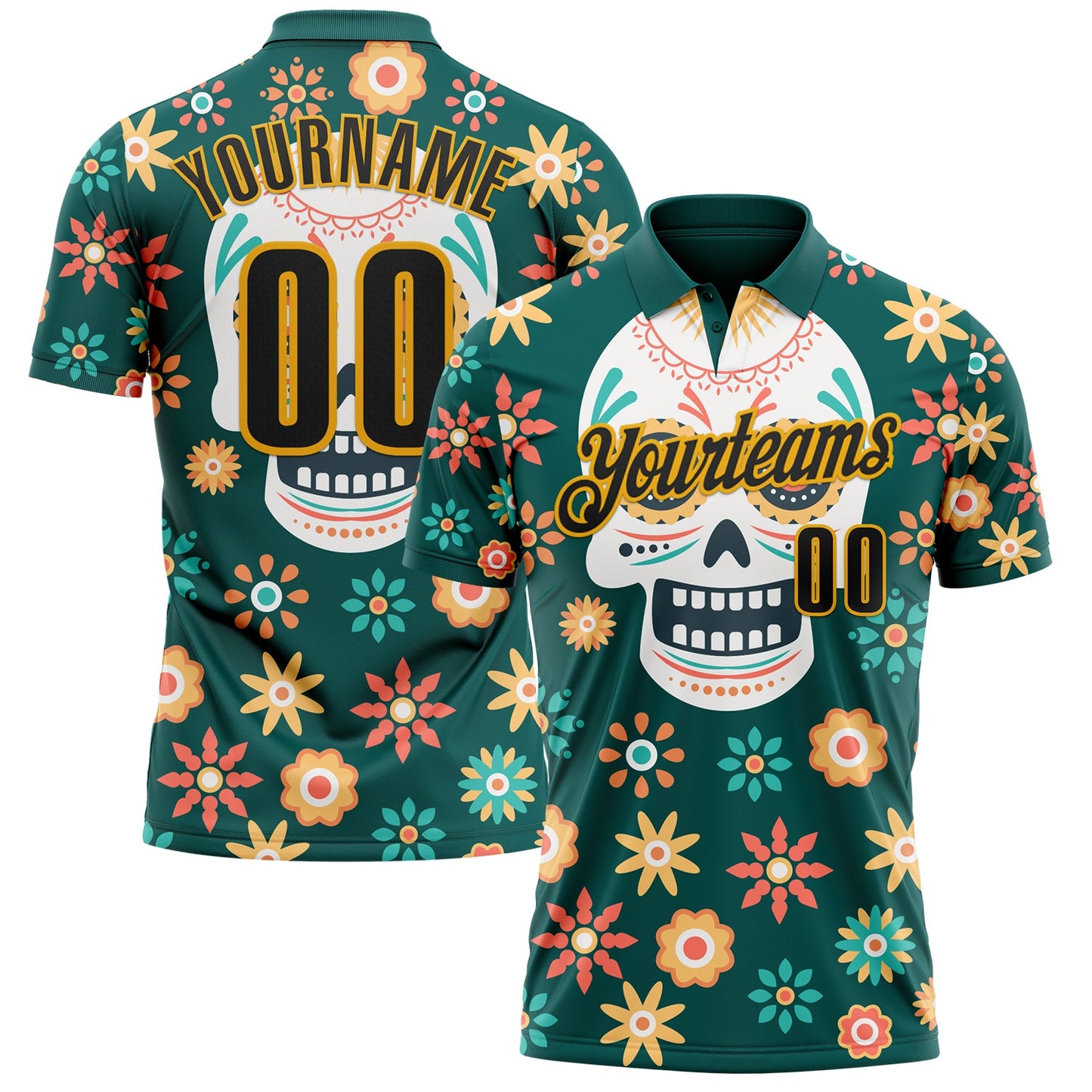 Custom Midnight Green Black-Gold Day of the Dead Mexican Sugar Skull Performance Polo Shirt