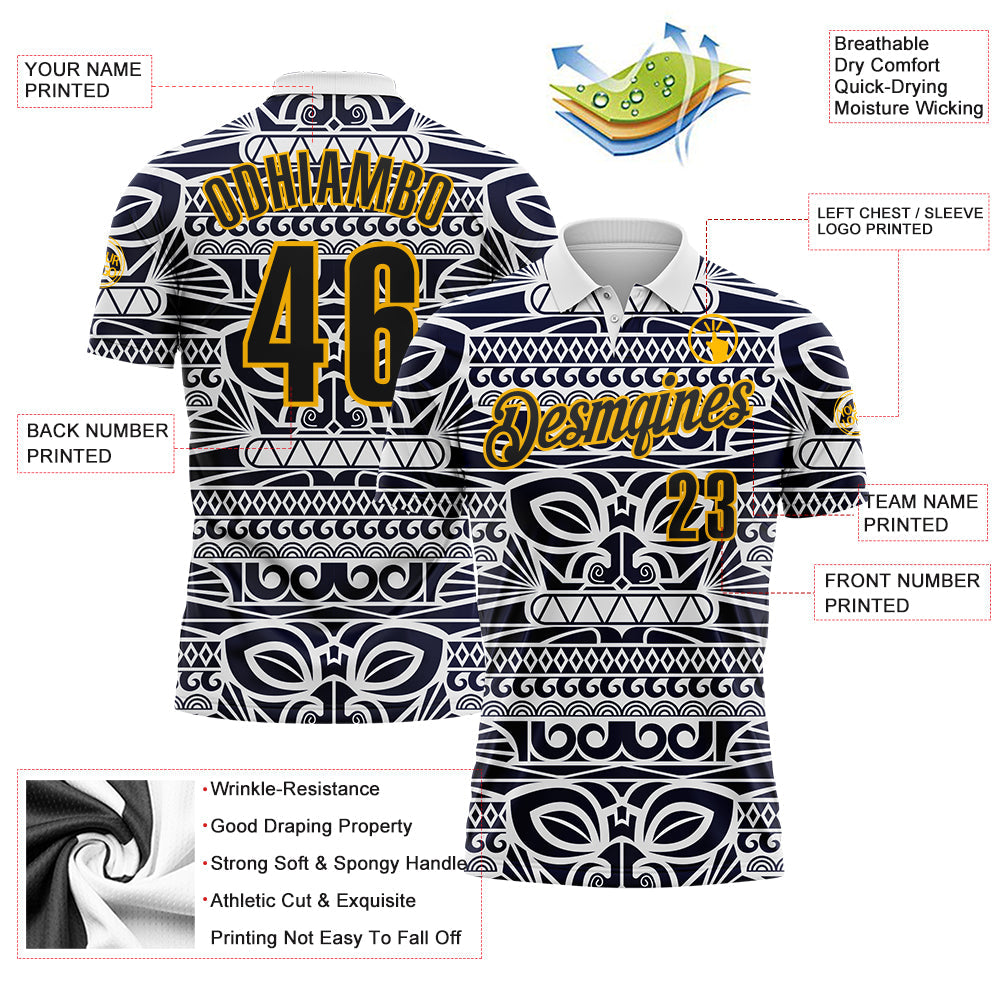 Custom White Black-Gold Mexican Aztec Mayan Tribal Performance Polo Shirt