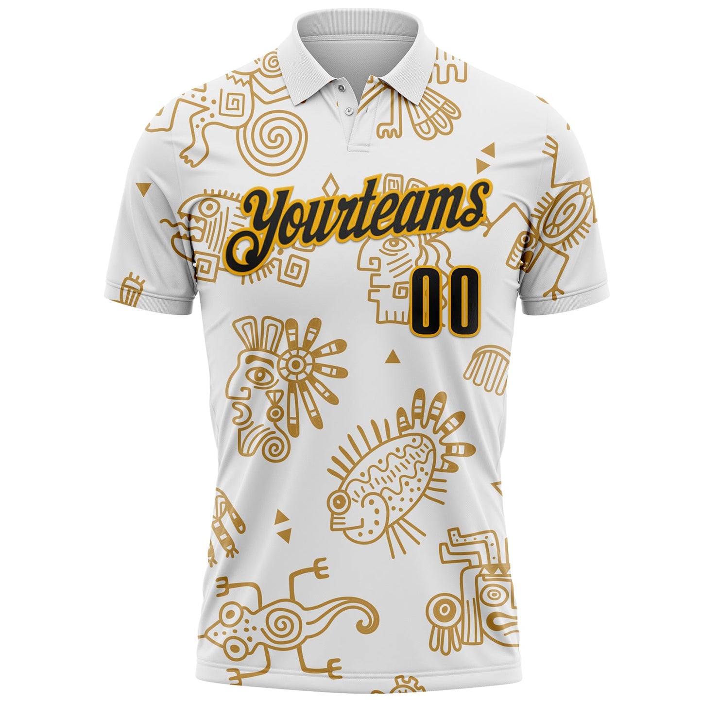 Custom White Black-Gold Mexican Aztec Mayan Tribal Performance Polo Shirt