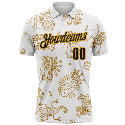 Custom White Black-Gold Mexican Aztec Mayan Tribal Performance Polo Shirt