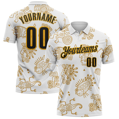 Custom White Black-Gold Mexican Aztec Mayan Tribal Performance Polo Shirt