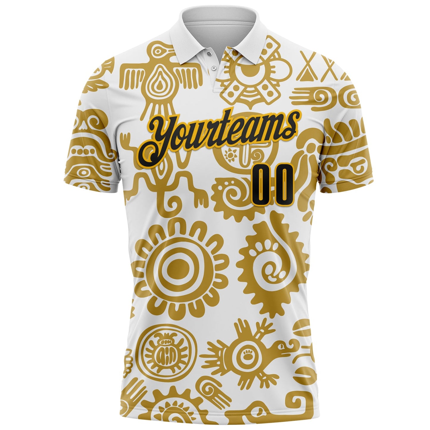 Custom White Black-Gold Mexican Aztec Mayan Tribal Performance Polo Shirt