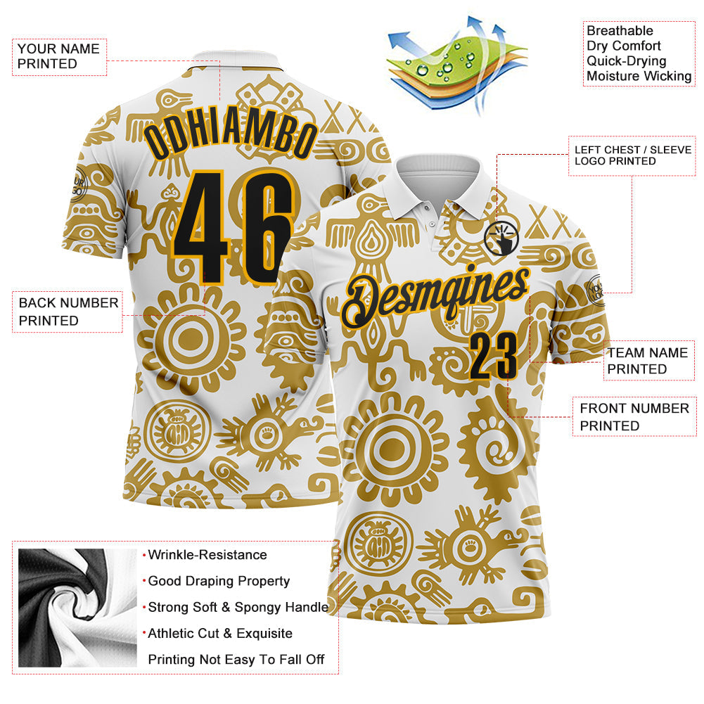 Custom White Black-Gold Mexican Aztec Mayan Tribal Performance Polo Shirt