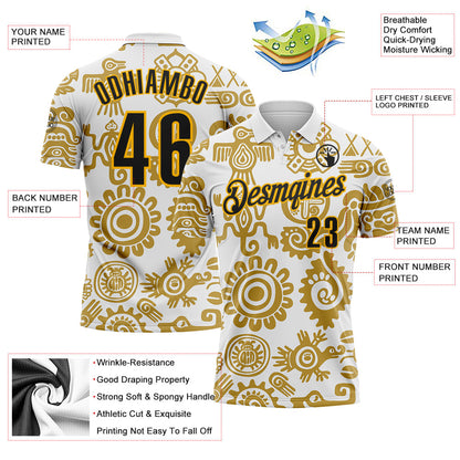 Custom White Black-Gold Mexican Aztec Mayan Tribal Performance Polo Shirt