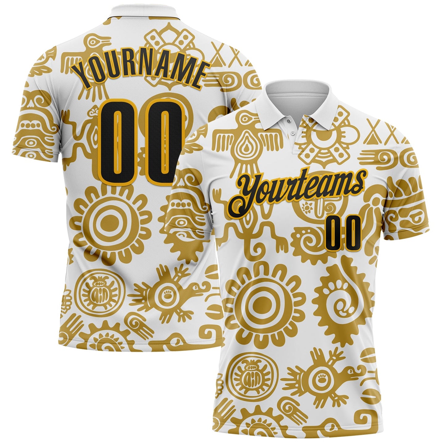 Custom White Black-Gold Mexican Aztec Mayan Tribal Performance Polo Shirt