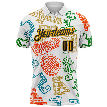 Custom White Black-Gold Mexican Aztec Mayan Tribal Performance Polo Shirt