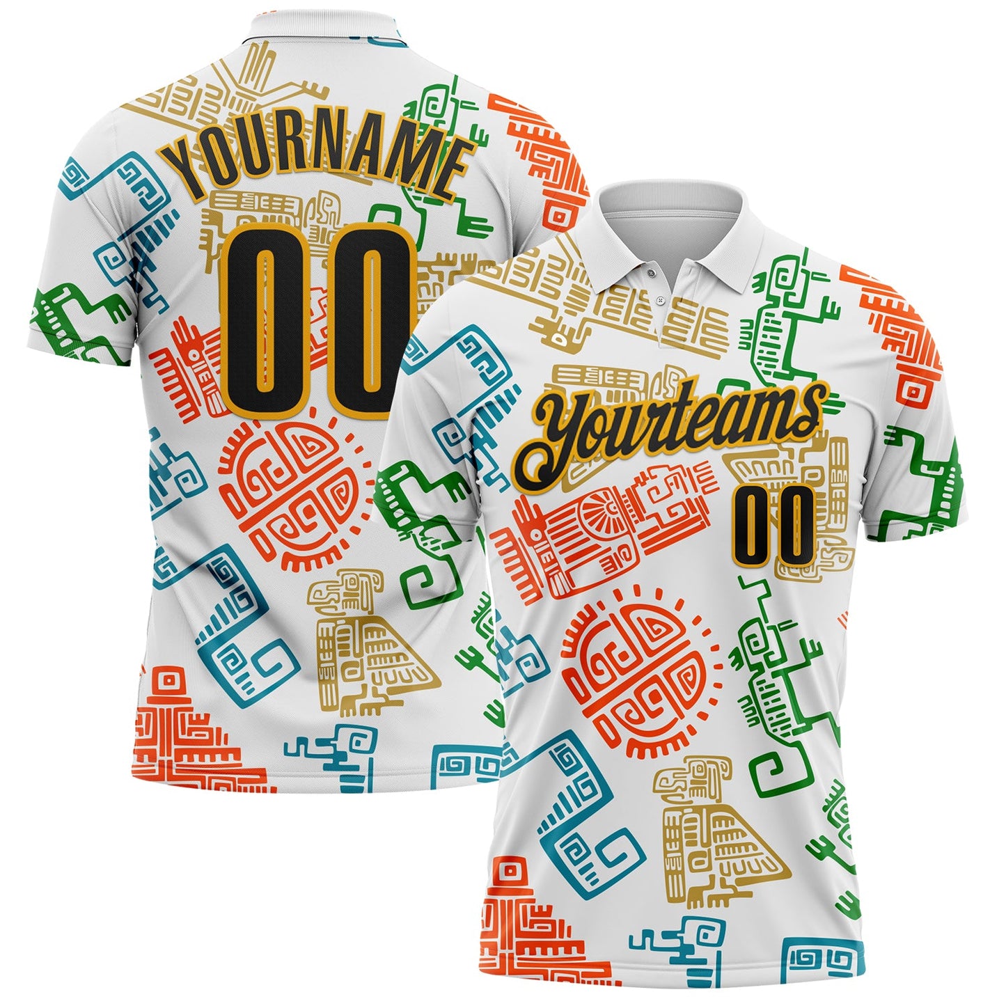 Custom White Black-Gold Mexican Aztec Mayan Tribal Performance Polo Shirt