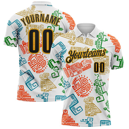 Custom White Black-Gold Mexican Aztec Mayan Tribal Performance Polo Shirt
