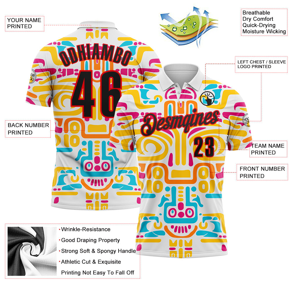 Custom White Black-Fire Red Mexican Aztec Mayan Tribal Performance Polo Shirt