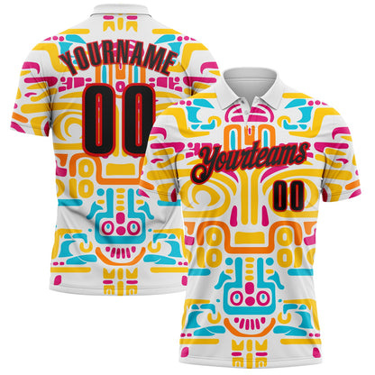 Custom White Black-Fire Red Mexican Aztec Mayan Tribal Performance Polo Shirt