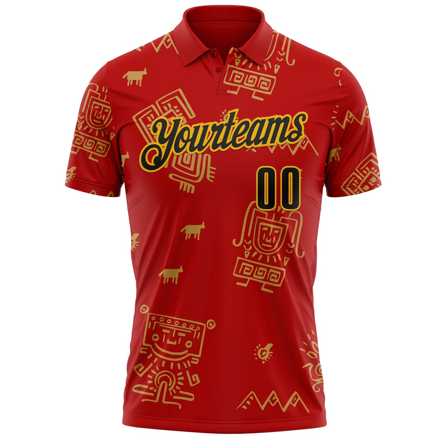 Custom Red Black-Gold Mexican Aztec Mayan Tribal Performance Polo Shirt