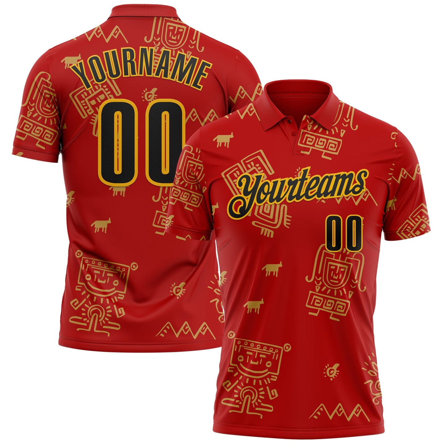 Custom Red Black-Gold Mexican Aztec Mayan Tribal Performance Polo Shirt