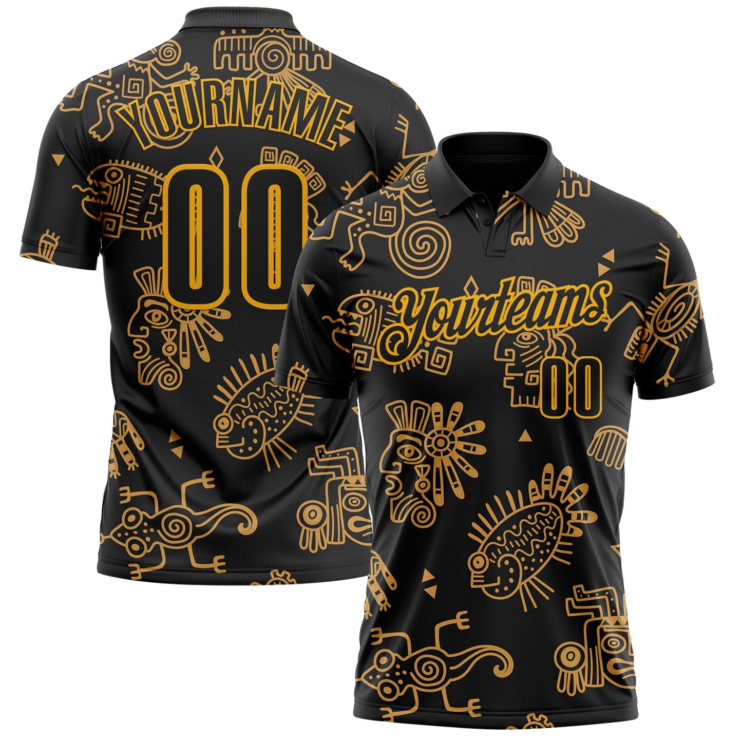 Custom Black-Gold Mexican Aztec Mayan Tribal Performance Polo Shirt