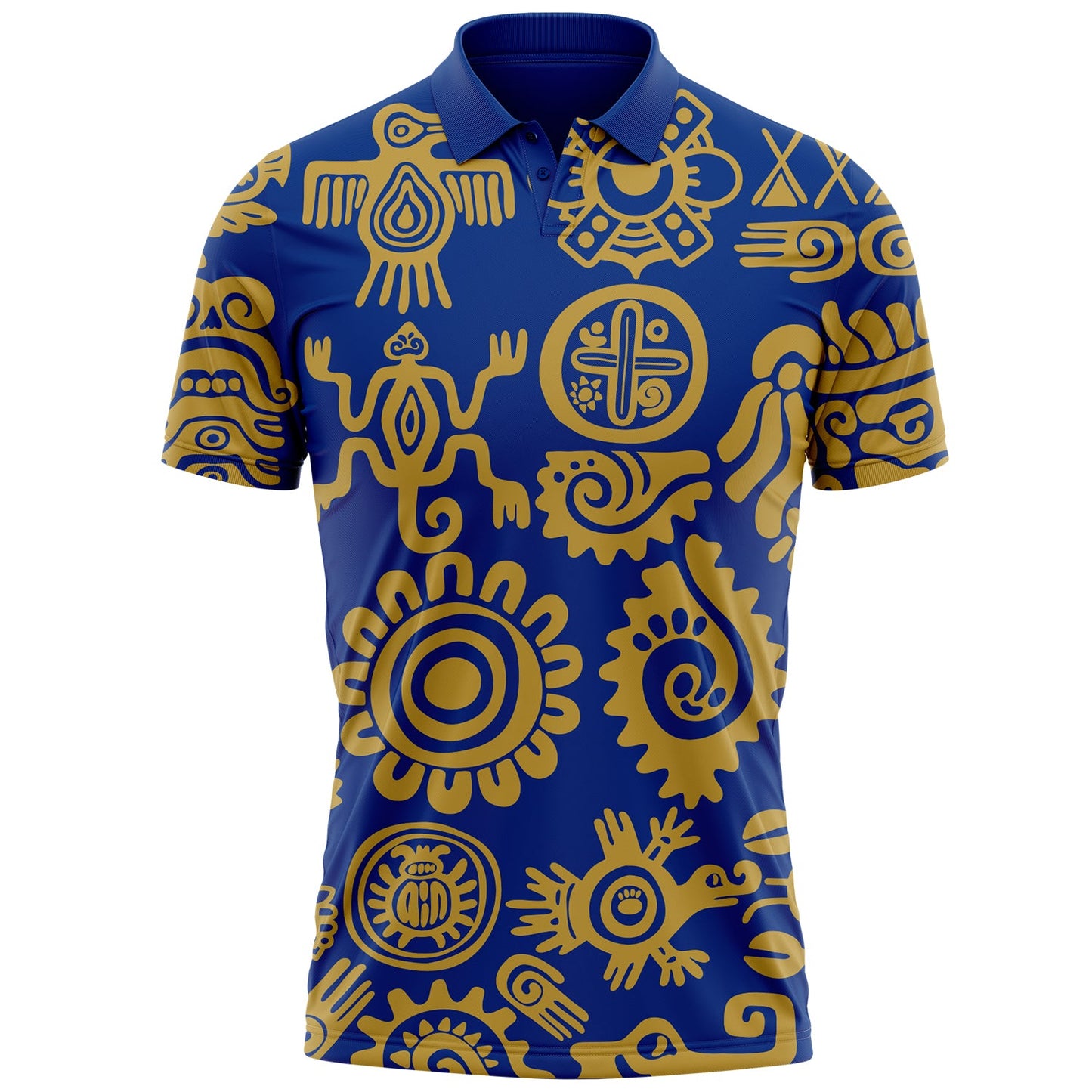 Custom Royal Black-Gold Mexican Aztec Mayan Tribal Performance Polo Shirt