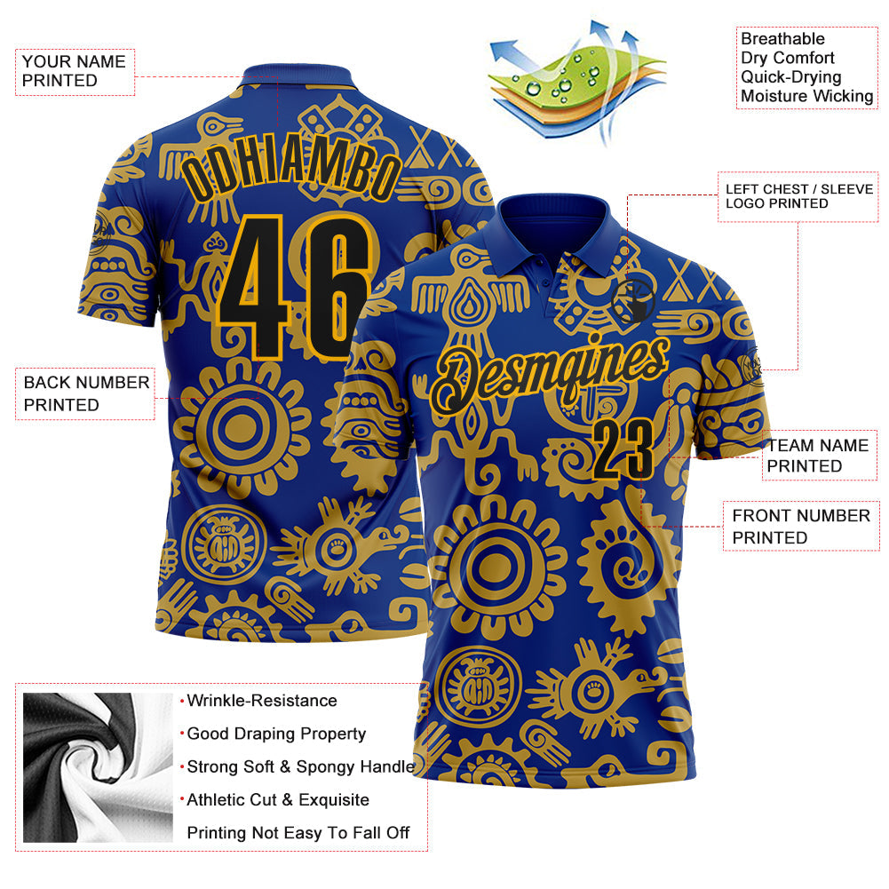 Custom Royal Black-Gold Mexican Aztec Mayan Tribal Performance Polo Shirt