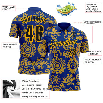 Custom Royal Black-Gold Mexican Aztec Mayan Tribal Performance Polo Shirt