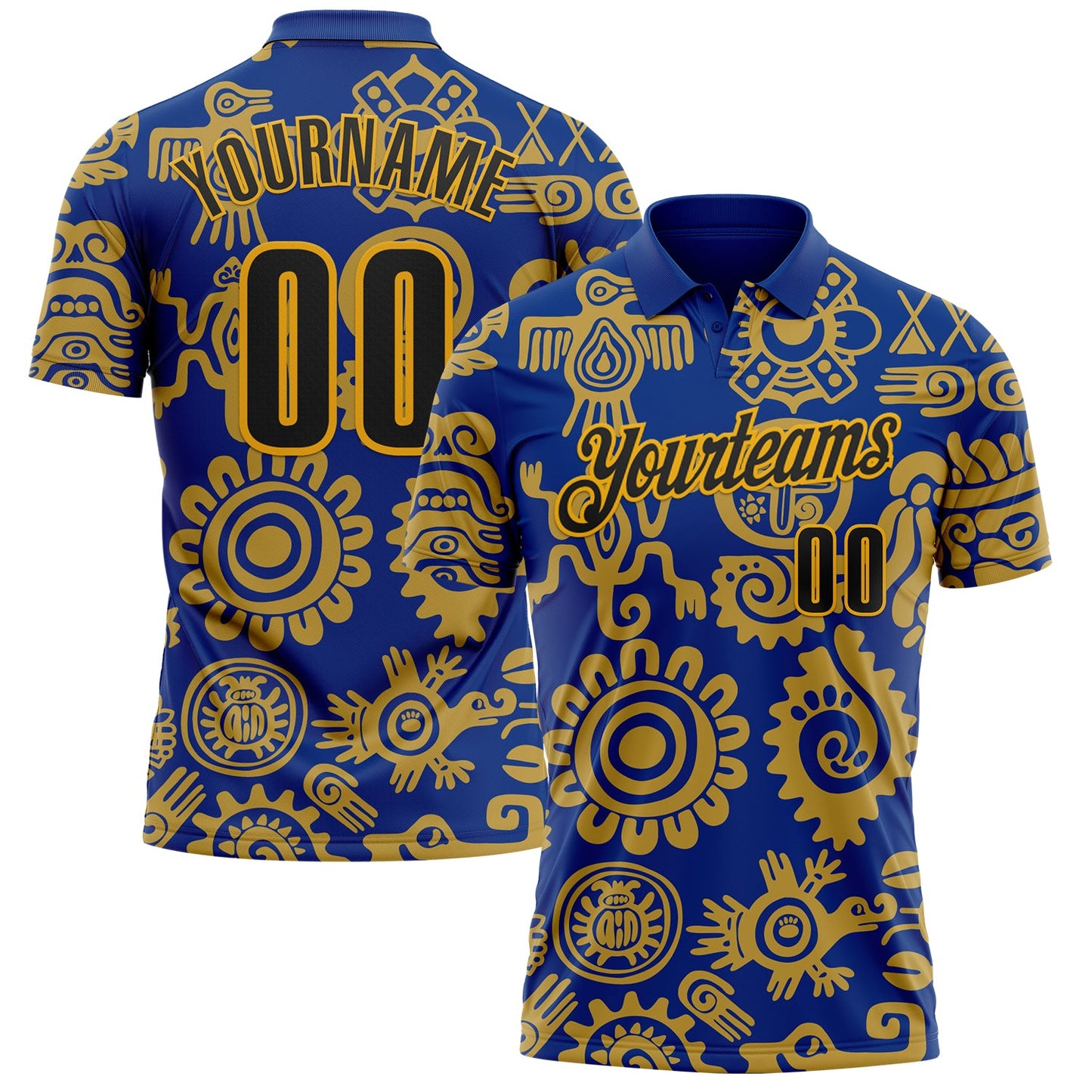 Custom Royal Black-Gold Mexican Aztec Mayan Tribal Performance Polo Shirt