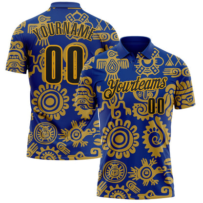 Custom Royal Black-Gold Mexican Aztec Mayan Tribal Performance Polo Shirt