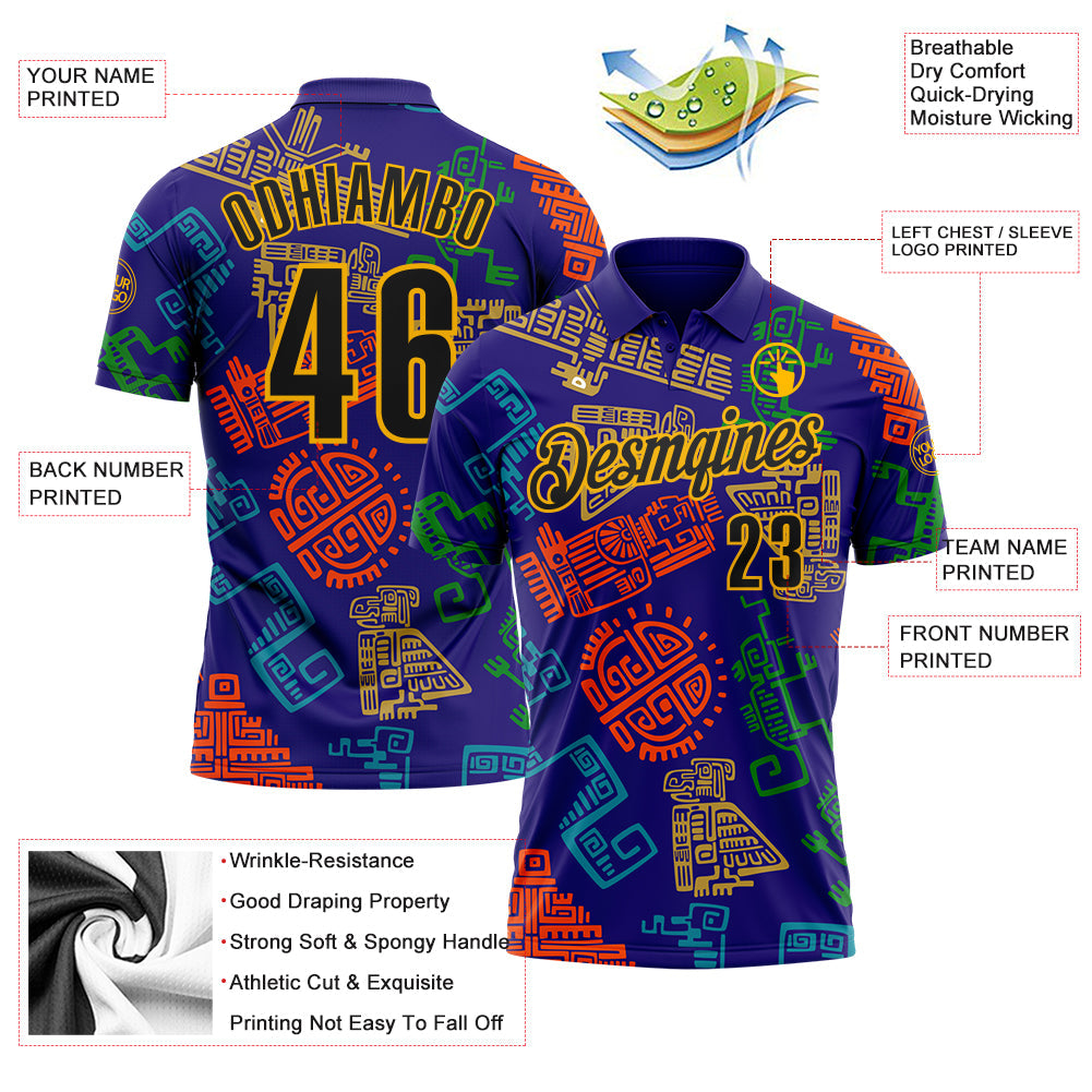 Custom Dark Purple Gold-Black Mexican Aztec Mayan Tribal Performance Polo Shirt