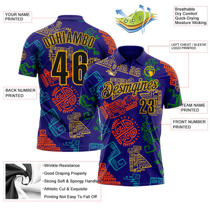 Custom Dark Purple Gold-Black Mexican Aztec Mayan Tribal Performance Polo Shirt
