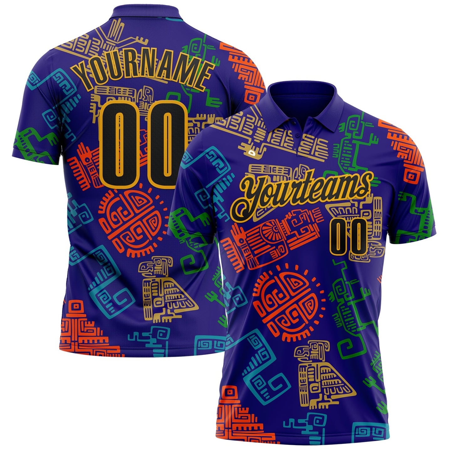 Custom Dark Purple Gold-Black Mexican Aztec Mayan Tribal Performance Polo Shirt