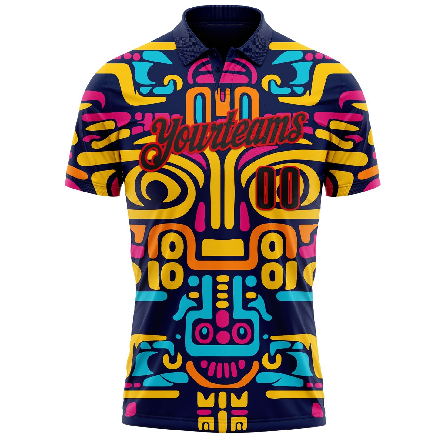 Custom Navy Black-Fire Red Mexican Aztec Mayan Tribal Performance Polo Shirt