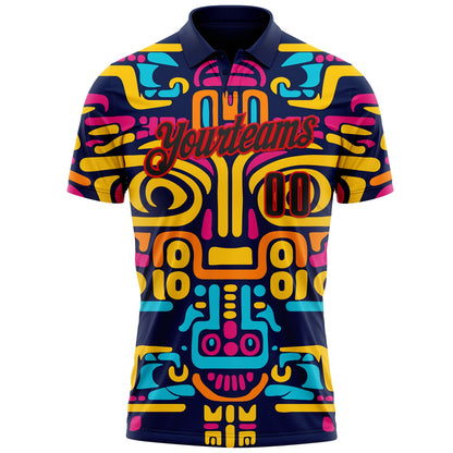 Custom Navy Black-Fire Red Mexican Aztec Mayan Tribal Performance Polo Shirt