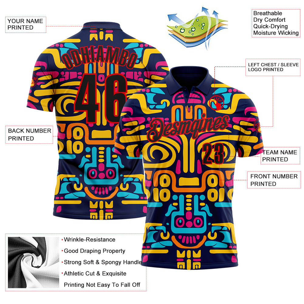 Custom Navy Black-Fire Red Mexican Aztec Mayan Tribal Performance Polo Shirt