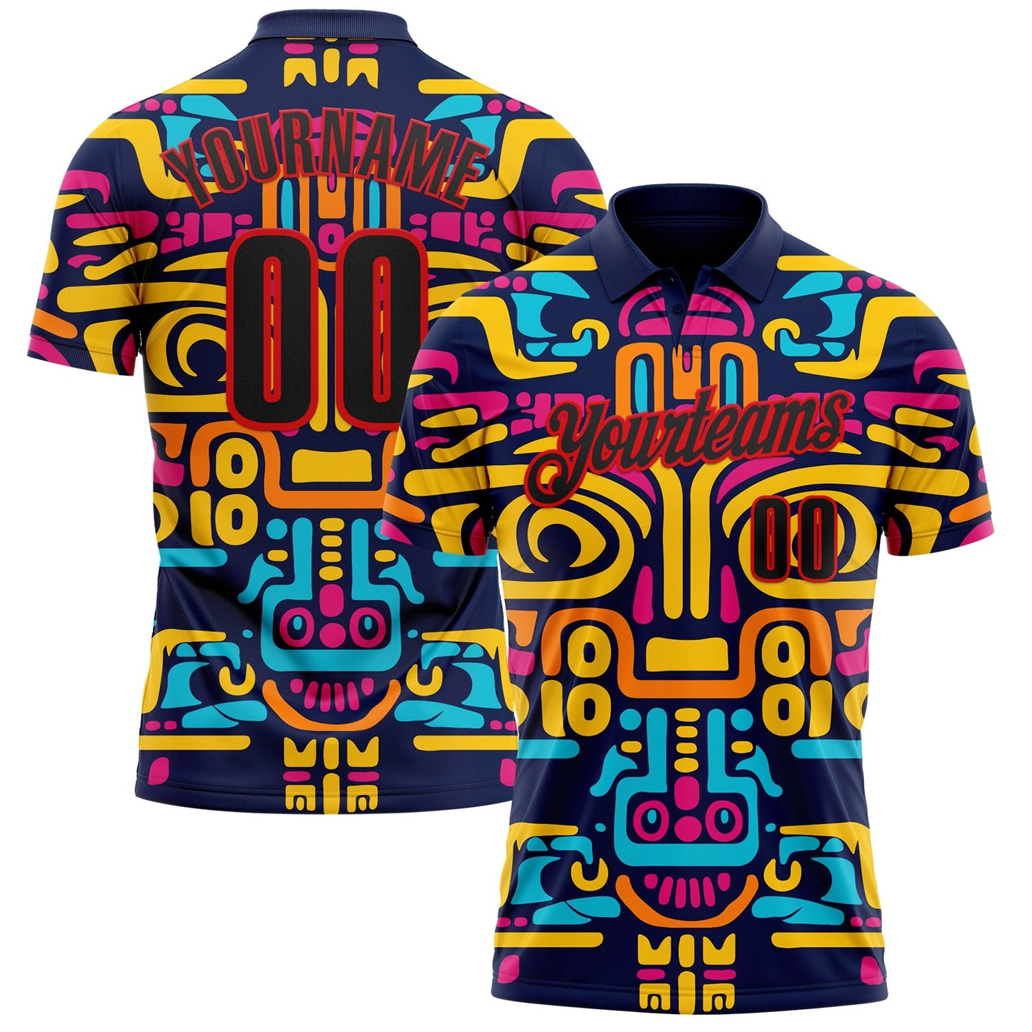 Custom Navy Black-Fire Red Mexican Aztec Mayan Tribal Performance Polo Shirt