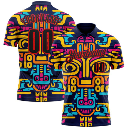 Custom Navy Black-Fire Red Mexican Aztec Mayan Tribal Performance Polo Shirt