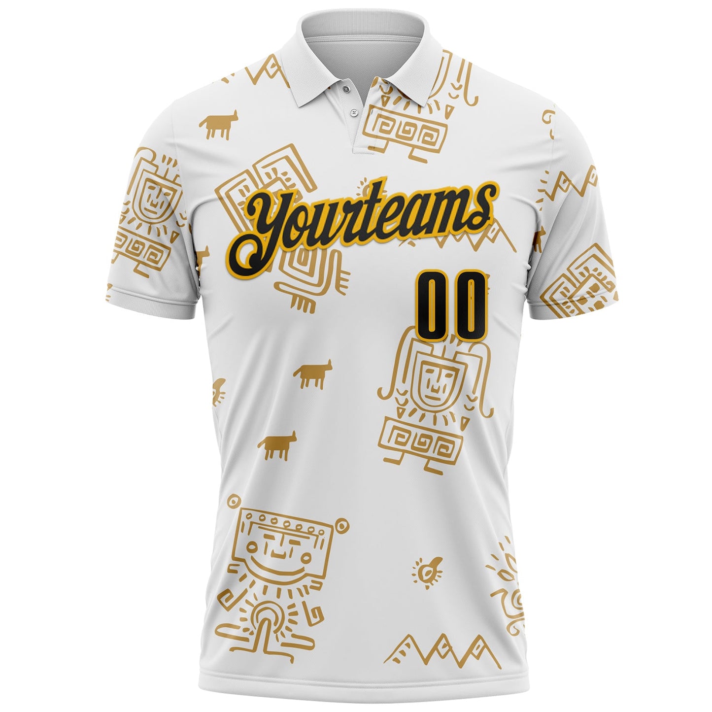 Custom White Black-Gold Mexican Aztec Mayan Tribal Performance Polo Shirt