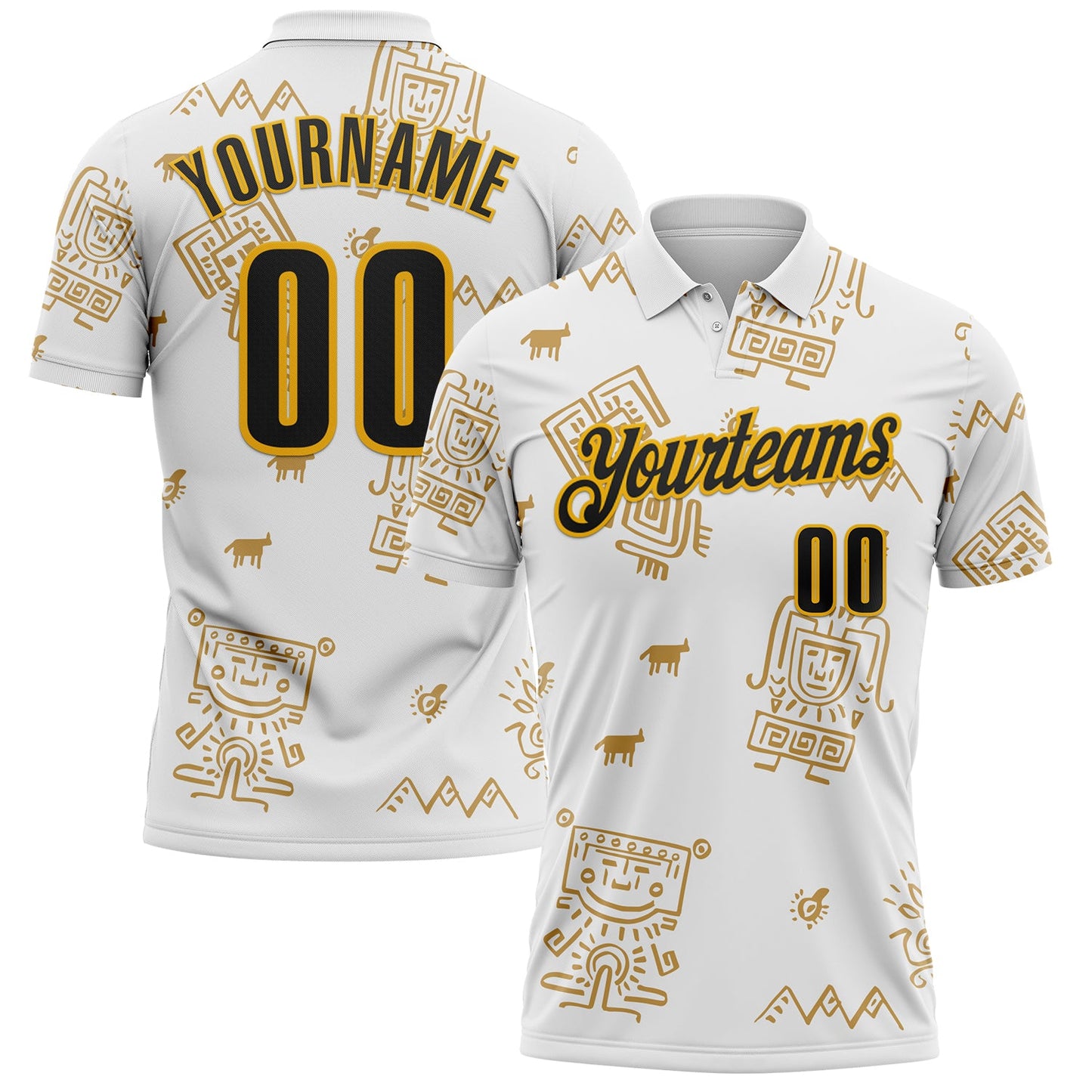 Custom White Black-Gold Mexican Aztec Mayan Tribal Performance Polo Shirt