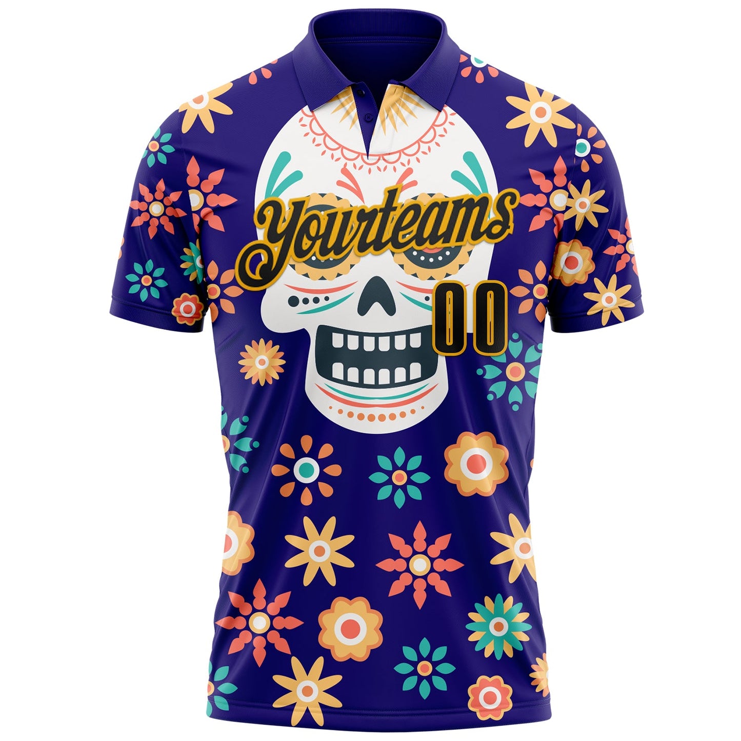 Custom Dark Purple Black-Gold Day of the Dead Mexican Sugar Skull Performance Polo Shirt