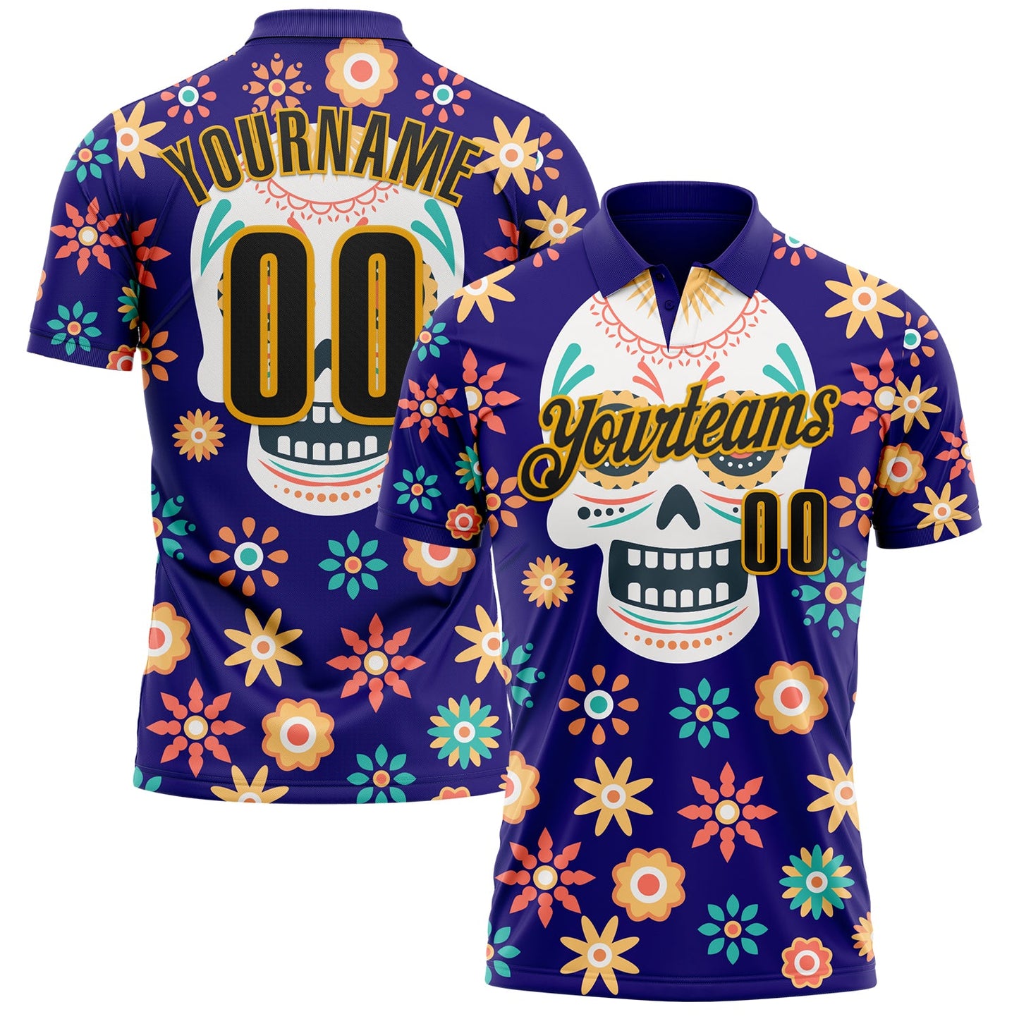 Custom Dark Purple Black-Gold Day of the Dead Mexican Sugar Skull Performance Polo Shirt