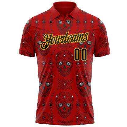 Custom Red Black-Gold Day of the Dead Mexican Sugar Skull Performance Polo Shirt