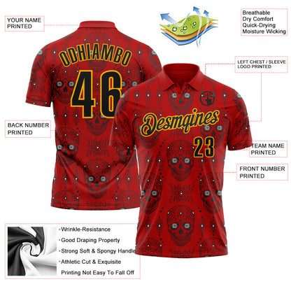 Custom Red Black-Gold Day of the Dead Mexican Sugar Skull Performance Polo Shirt